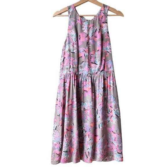 Rebecca Taylor Mai Tai Time Silk Floral A Line Dress Pink Gray Women's Size 6 - Picture 3 of 14